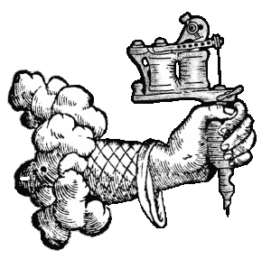 A gif of an occult image of a hand appearing from a cloud, holding a tattoo maschine